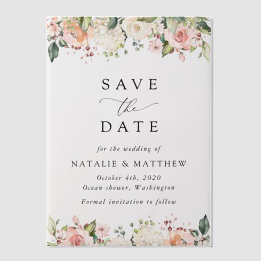 Rosa Blume, weiße Blume, Grünpflanzen, Hochzeit Pergament Einladungen (Vorderseite)