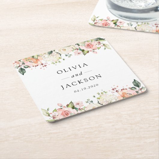 Rosa Blume, weiße Blume, Grünpflanzen, Hochzeit Rechteckiger Pappuntersetzer (angewinkelt)