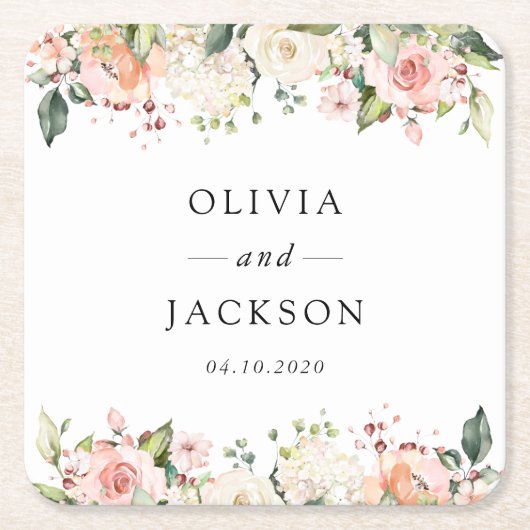 Rosa Blume, weiße Blume, Grünpflanzen, Hochzeit Rechteckiger Pappuntersetzer (Vorderseite)