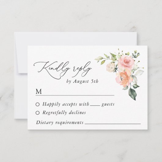 Rosa Blume, weiße Blume, Grünpflanzen, Hochzeit RSVP Karte (Vorderseite)