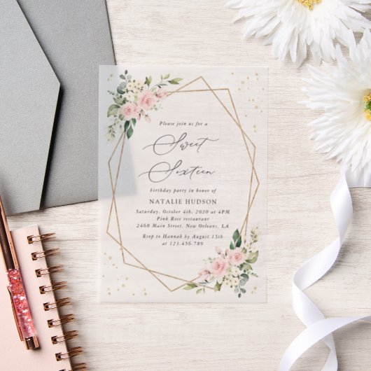 Rosa Blume, weiße Blume, Grünpflanzen, süß 16 Pergament Einladungen (Hochzeit)