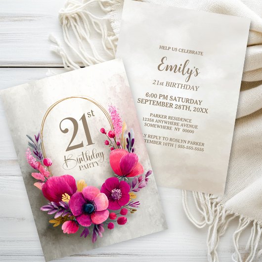Rosa Blumen 21. Geburtstagsfeier Einladung