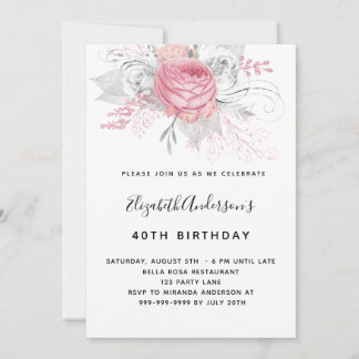 Rosa Blumen am Geburtstag elegant weiß Einladung
