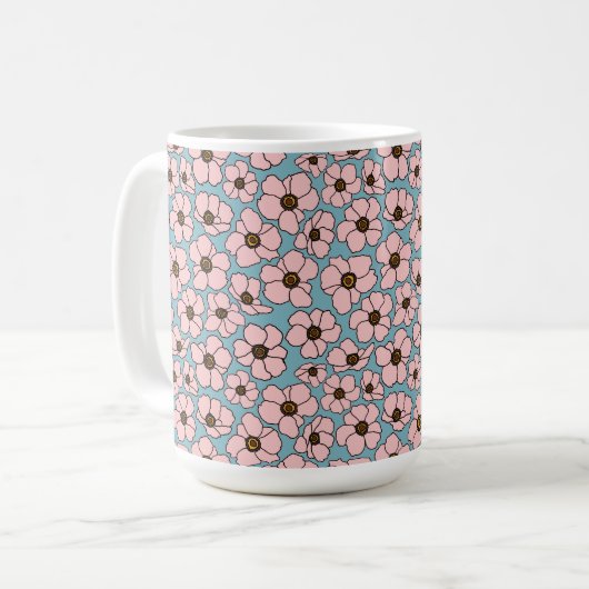 Rosa Blumen auf Blau Kaffeetasse (Vorderseite Links)