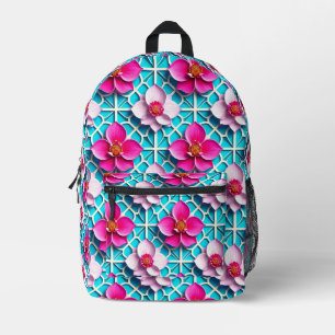 Rosa Blumen auf einem geometrischen blauen Hinterg Bedruckter Rucksack