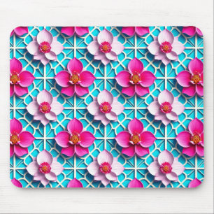 Rosa Blumen auf einem geometrischen blauen Hinterg Mousepad