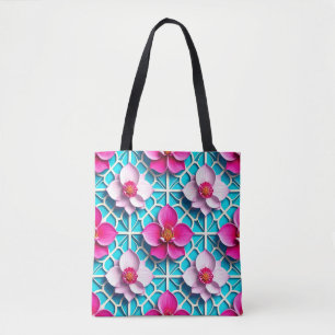 Rosa Blumen auf einem geometrischen blauen Hinterg Tasche
