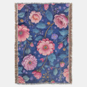 Rosa Blumen auf lebhaftem blauem Muster Decke (Vorderseite Vertikal)