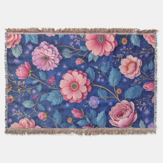 Rosa Blumen auf lebhaftem blauem Muster Decke (Vorderseite)