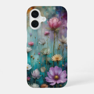Rosa Blumen auf türkisfarbenem goldtexturiertem Hi iPhone 16 Hülle