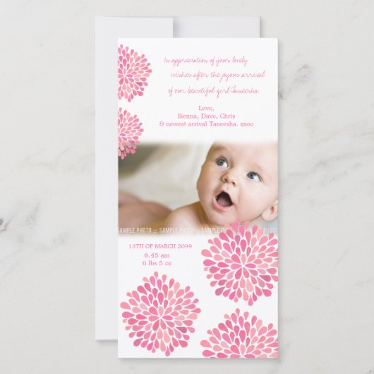 Rosa Blumen-Baby-Geburt danken Ihnen Foto-Karte Dankeskarte (Vorderseite)
