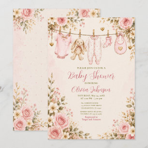 Rosa Blumen-Baby-Party-Wäscheleine Baby-Party Einladung
