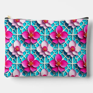 🌸 Rosa Blumen Blau Geometrische Tasche Make-up-Ta