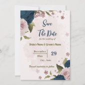 Rosa Blumen blauer Blumen botanische Hochzeit Save The Date (Vorderseite)
