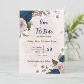 Rosa Blumen blauer Blumen botanische Hochzeit Save The Date (Stehend Vorderseite)