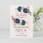 Rosa Blumen blauer Blumen botanische Hochzeit Save The Date (Stehend Vorderseite)