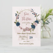 Rosa Blumen blauer Blumen botanische Hochzeit Save The Date (Stehend Vorderseite)