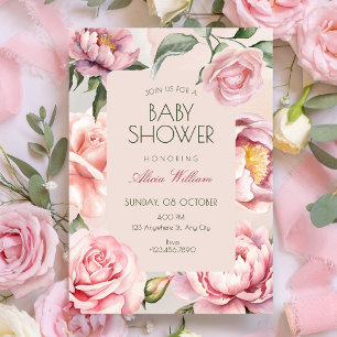 Rosa Blumen blühen Baby Shower Einladung