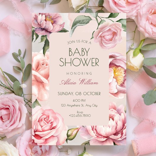 Rosa Blumen blühen Baby Shower Einladung