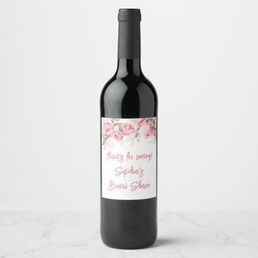 Rosa Blumen Blumen Hochzeitsdusche Geschenke Weinetikett (Vorderseite)