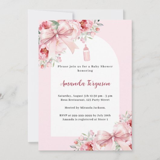 Rosa Blumen Bogen Babyflasche Babydusche Einladung (Vorderseite)