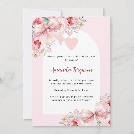 Rosa Blumen Bogen Bogen Brautparty Einladung (Vorderseite)