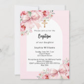 Rosa Blumen Bogen Gold Cross Girl Taufe Einladung (Vorderseite)