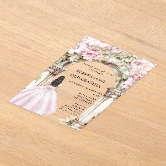 Rosa Blumen Bogen Kleid klar Quinceanera Acryleinladungen (Ablage )