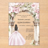 Rosa Blumen Bogen Kleid klar Quinceanera Acryleinladungen (Vorderseite)