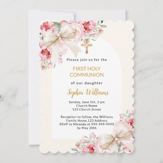 Rosa Blumen Bogen Mädchen beige Erste Kommune Einladung (Vorderseite)