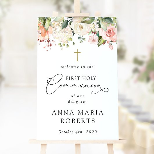 Rosa Blumen, Boho, Willkommen zur Erstkommunion Poster