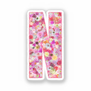Rosa Blumen Botanisches Monogramm Buchstabe N für Aufkleber