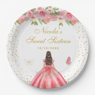 Rosa Blumen Braunhaarige Haar Prinzessin Sweet Six Pappteller