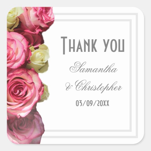 Rosa Blumen Brauthochzeit danke Quadratischer Aufkleber (Vorderseite)