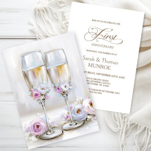 Rosa Blumen Champagnergläser 1. Hochzeitstag Einladung