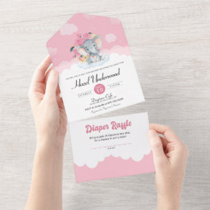 Rosa Blumen-Elefanten-Baby-Party für Little Peanut All In One Einladung