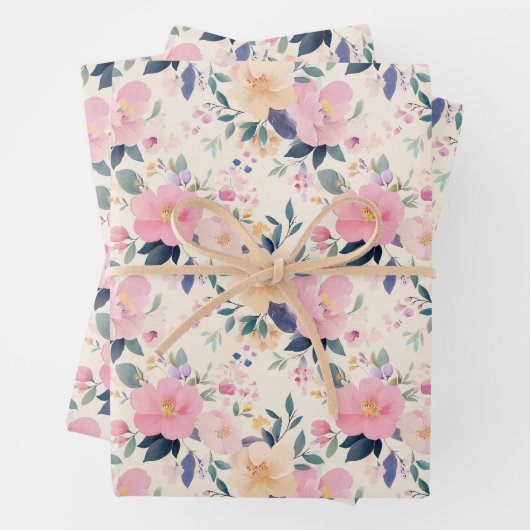 Rosa Blumen Elegantes Flora und Fauna Geschenkpapier Set (Beispiel)