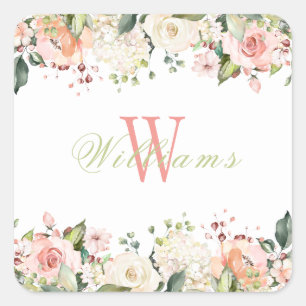 Rosa Blumen Elegantes Monogramm Name Quadratischer Aufkleber