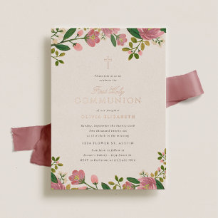 Rosa Blumen-Eleganz zur Erstkommunion Folieneinladung