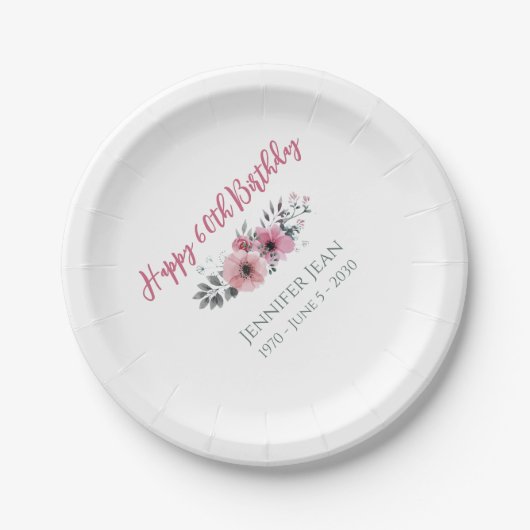 Rosa Blumen Floral 60. Geburtstag Pappteller (Vorderseite)