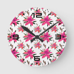 Rosa Blumen Floralmuster Design Runde Wanduhr