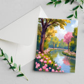Rosa Blumen Fluss Garten Blühende Wasserfarbe Postkarte