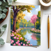 Rosa Blumen Fluss Garten Blühende Wasserfarbe Postkarte