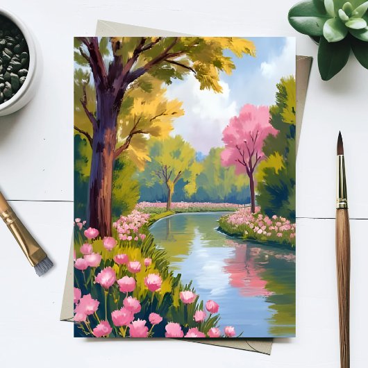 Rosa Blumen Fluss Garten Blühende Wasserfarbe Postkarte