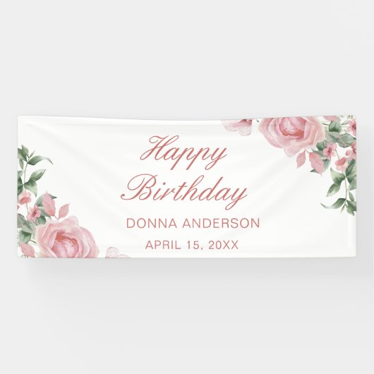 Rosa Blumen Geburtstagsfeier Teller Banner (Horizontal)