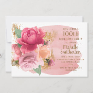 Rosa Blumen Gold Glitter 100. Geburtstagsfeier Einladung