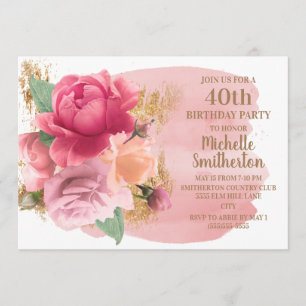 Rosa Blumen Gold Glitter 40. Geburtstagsfeier Einladung