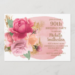Rosa Blumen Gold Glitter 90. Geburtstagsfeier Einladung