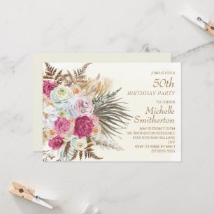 Rosa Blumen Gold Glitter Creme 50. Geburtstag Einladung