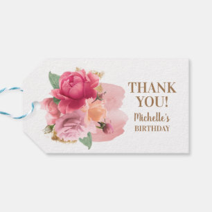Rosa Blumen Gold Glitter Geburtstags-Dankeschön Geschenkanhänger